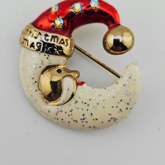 AAI Santa Hat Moon Brooch Pin Christmas Magic Celestial Glitter Enamel Vintage - Picture 2 of 5